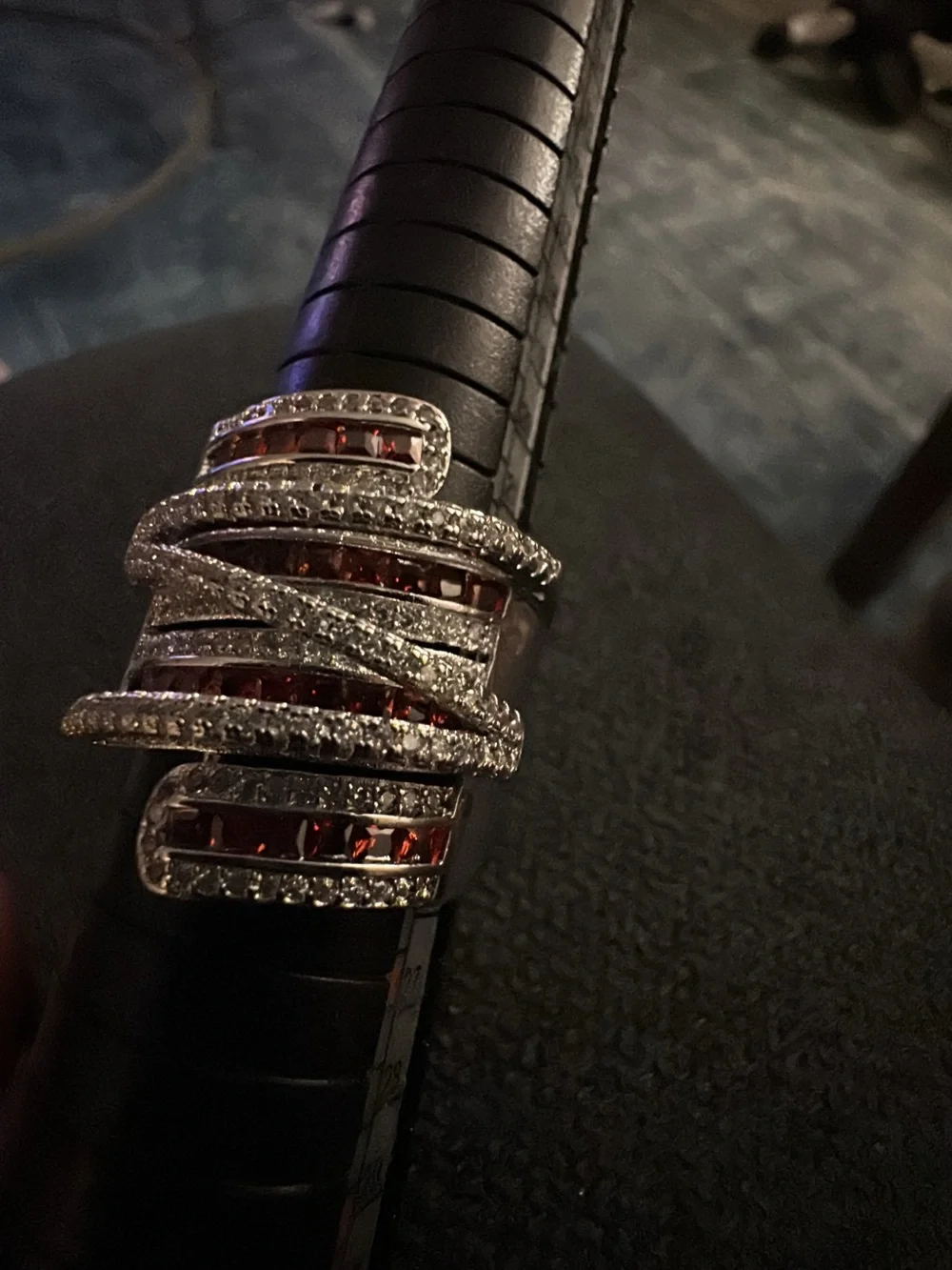 Silver-tone Ring Garnet Red Crystal Accents with thick comfort band.